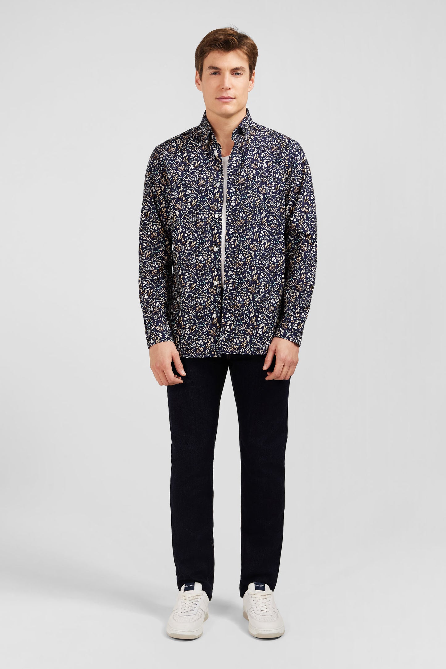 Dark blue poplin shirt with foliage print