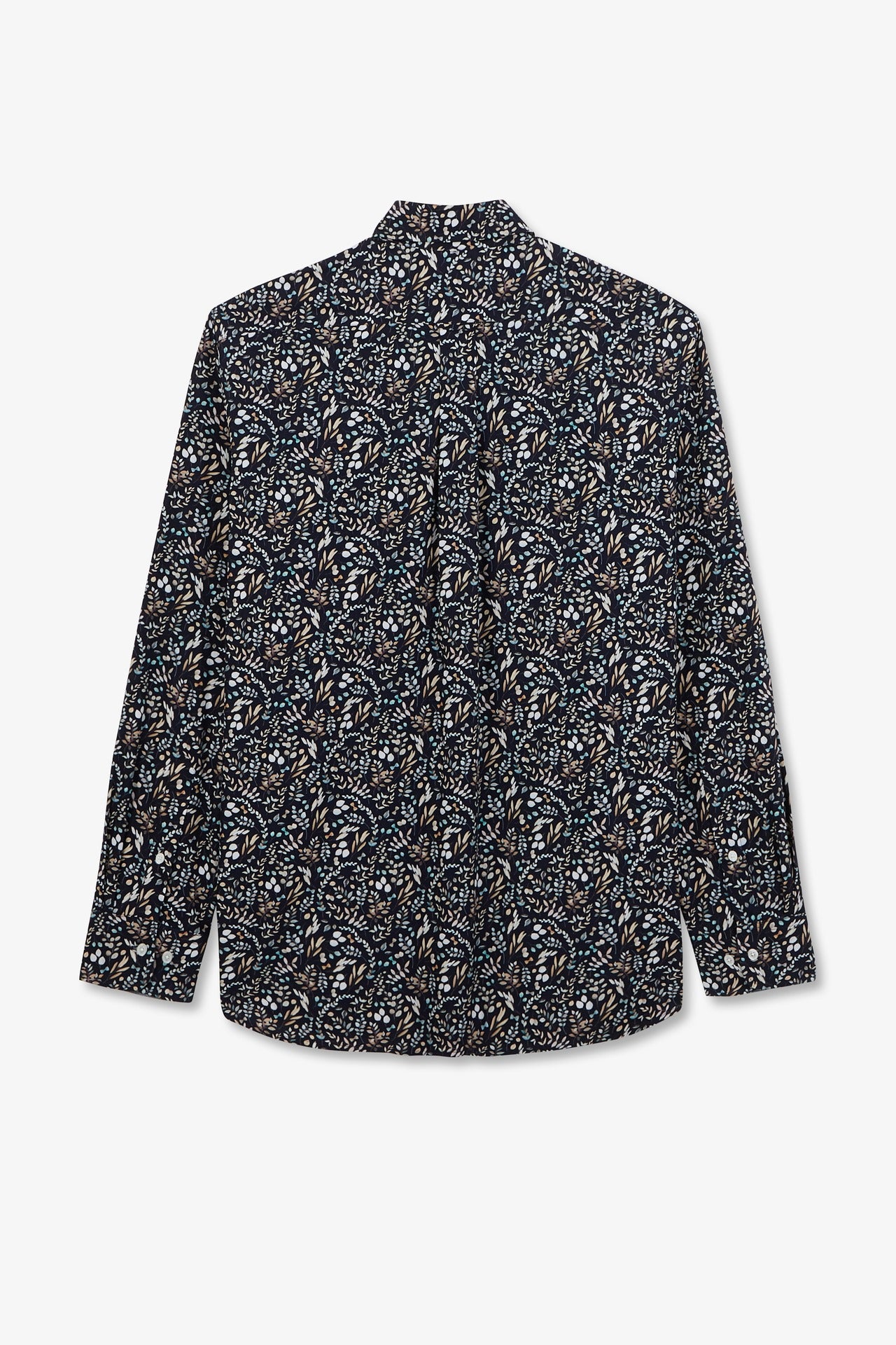 Dark blue poplin shirt with foliage print