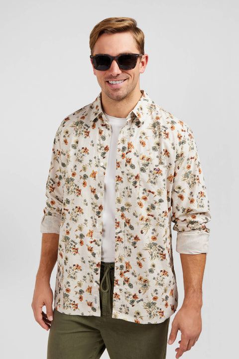 Chemise beige en coton flammé imprimée fleurs - Image 3