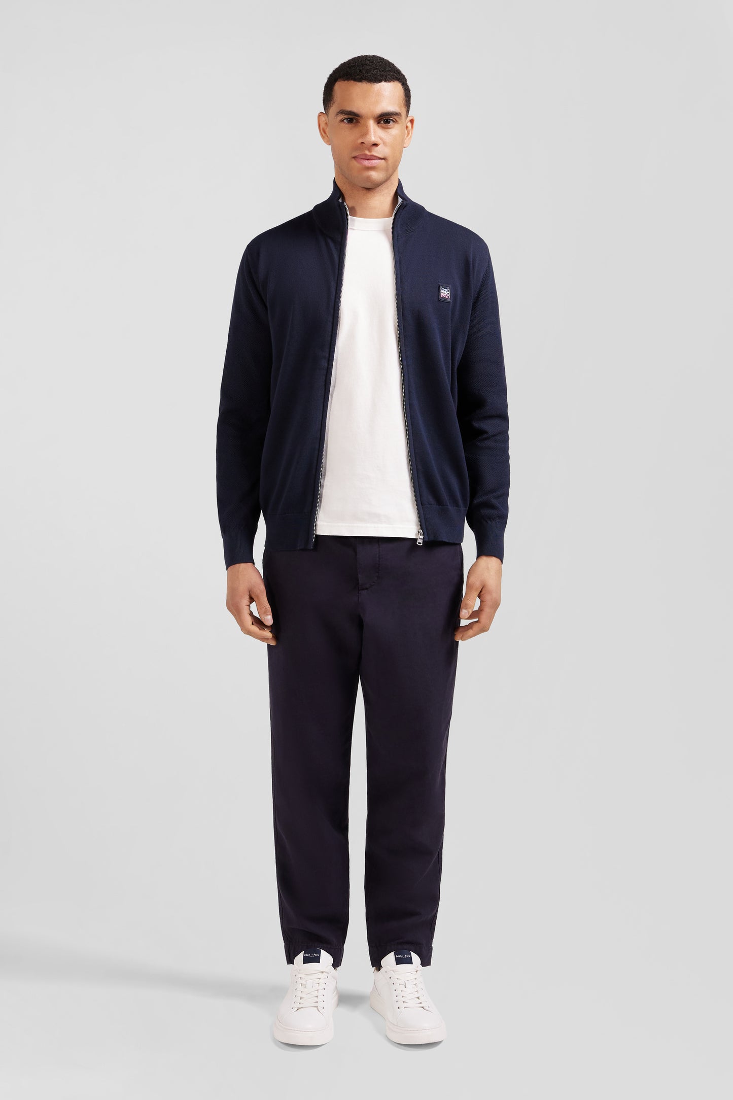 Navy cotton zipped jumper cardigan with tri-colour emblem