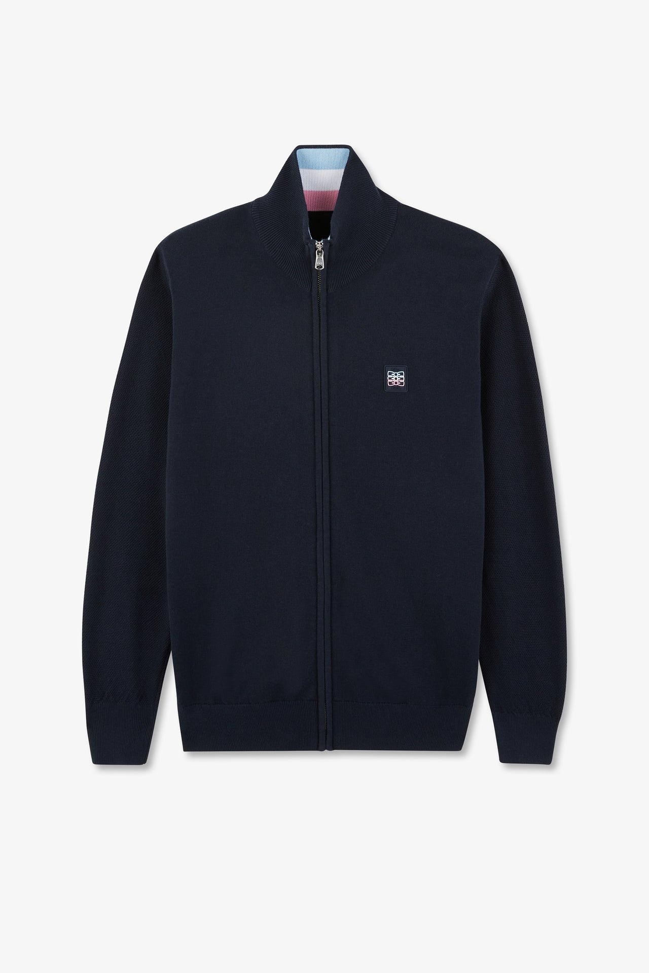 Navy cotton zipped jumper cardigan with tri-colour emblem