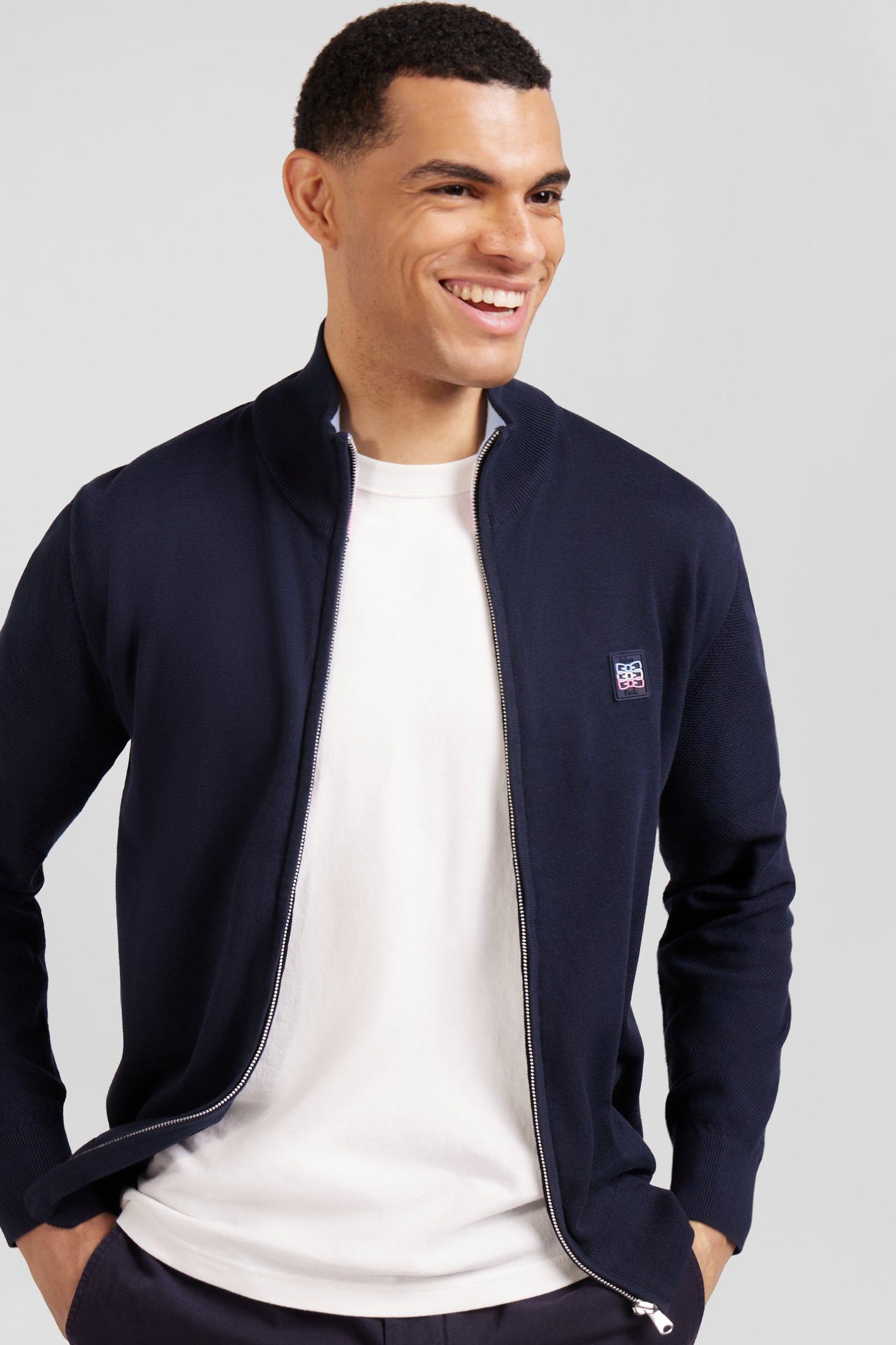 Navy cotton zipped jumper cardigan with tri-colour emblem