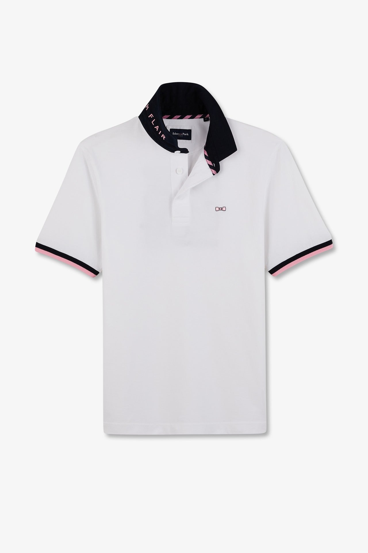 White rugby shirt with bow tie embroidery on back