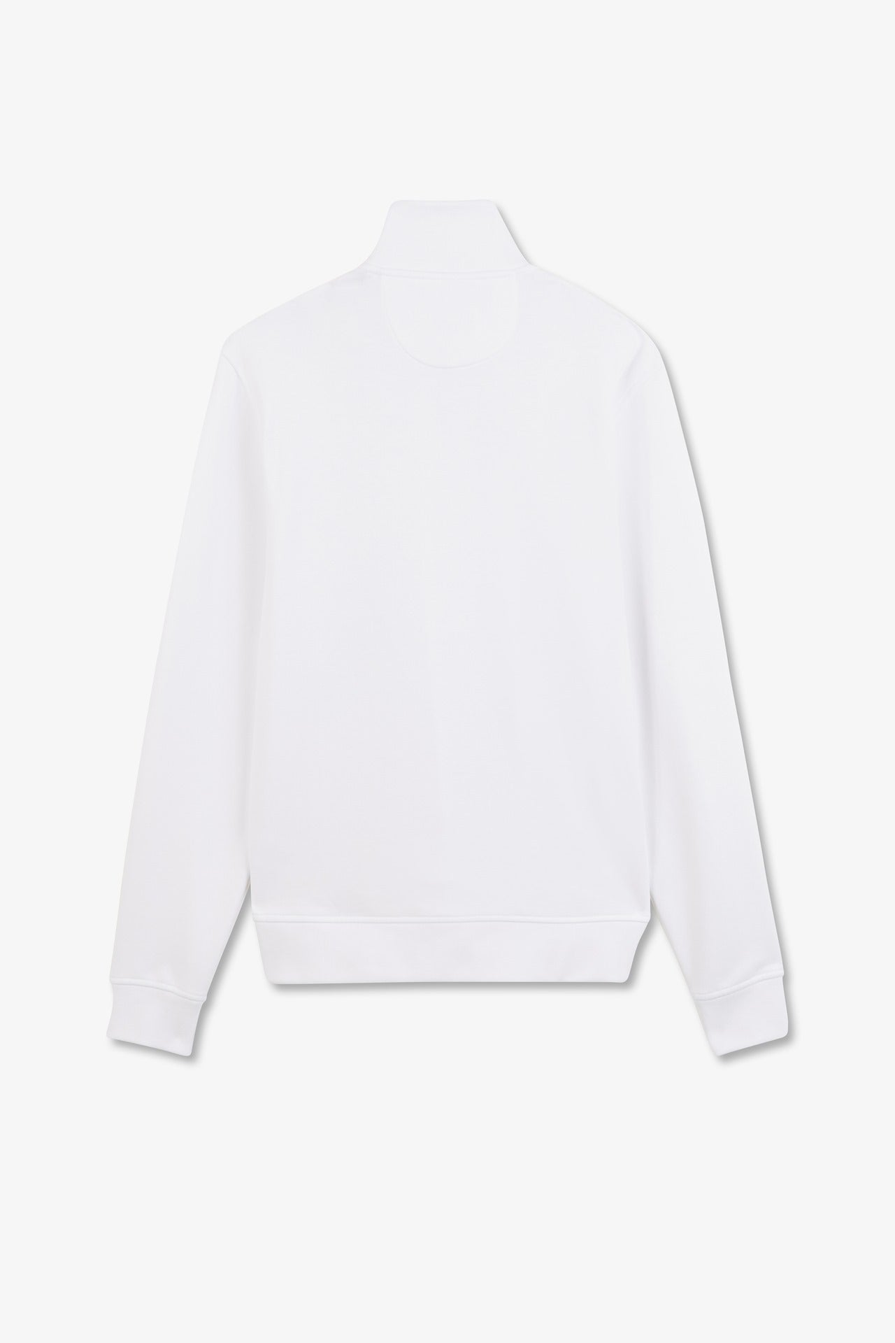 White zipped sweatshirt with stand-up collar