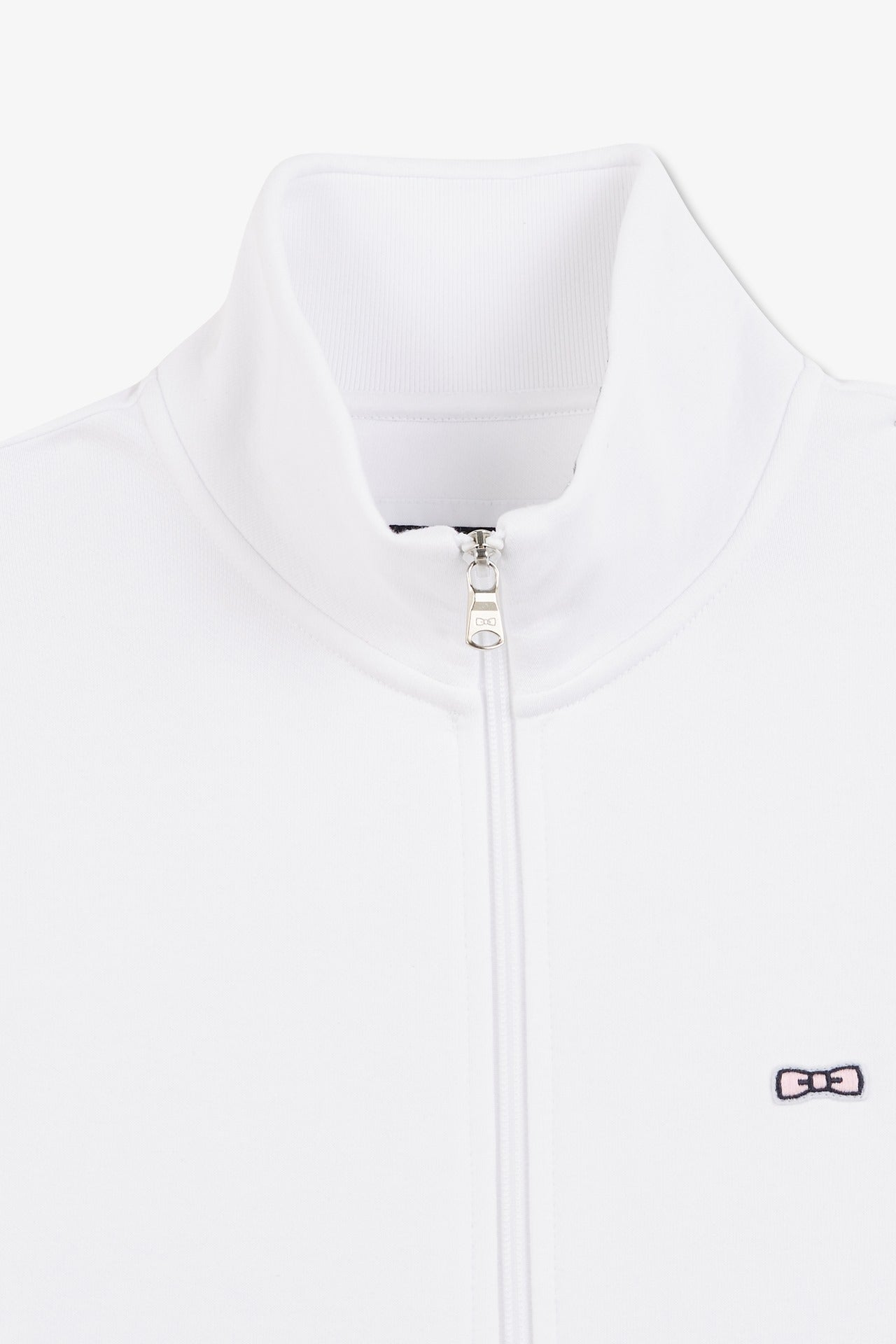 White zipped sweatshirt with stand-up collar