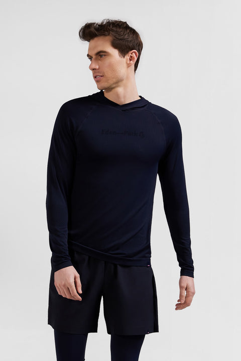 Sweatshirt à capuche à manches cerclées bleu marine - Image 1