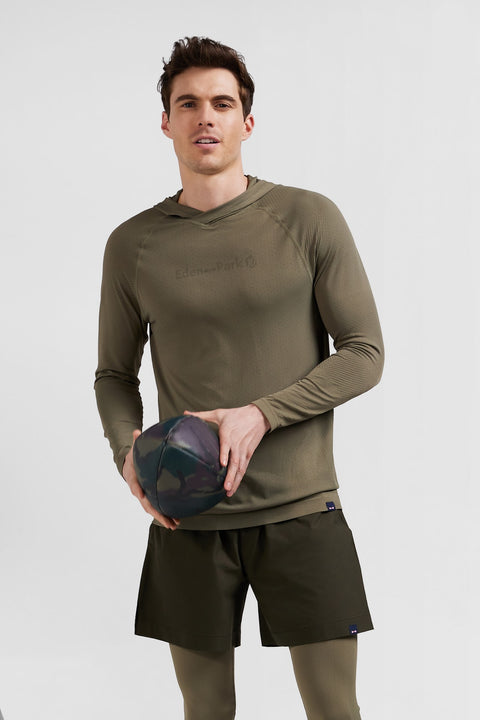 Sweatshirt à capuche à manches cerclées kaki - Image 1
