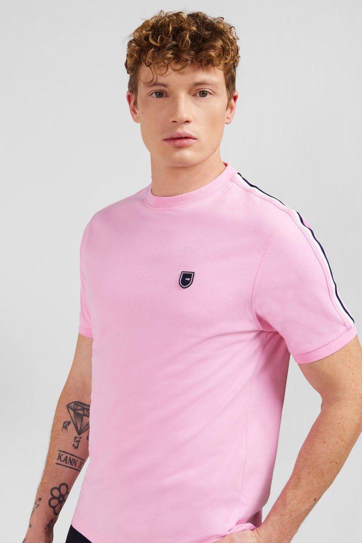 T-shirt manches courtes rose en coton galons épaules tricolores alt view