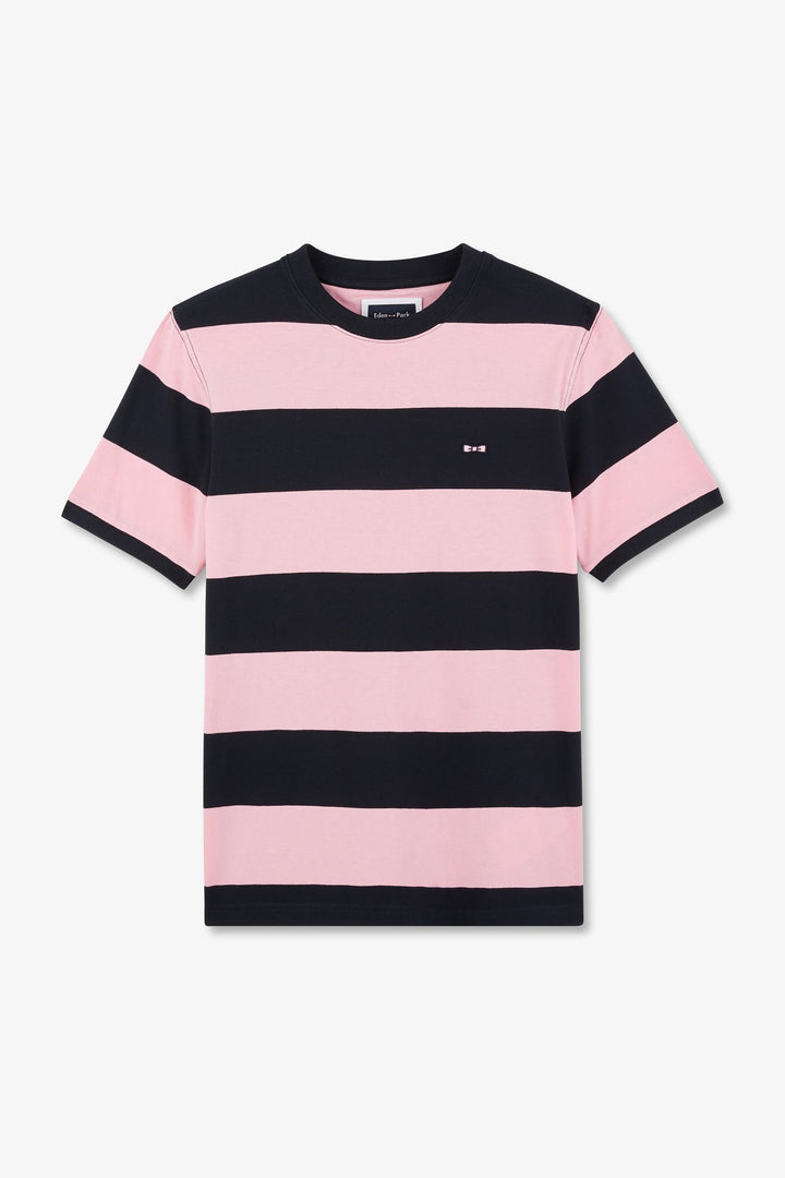 T-shirt manches courtes cerclé marine et rose en coton alt view