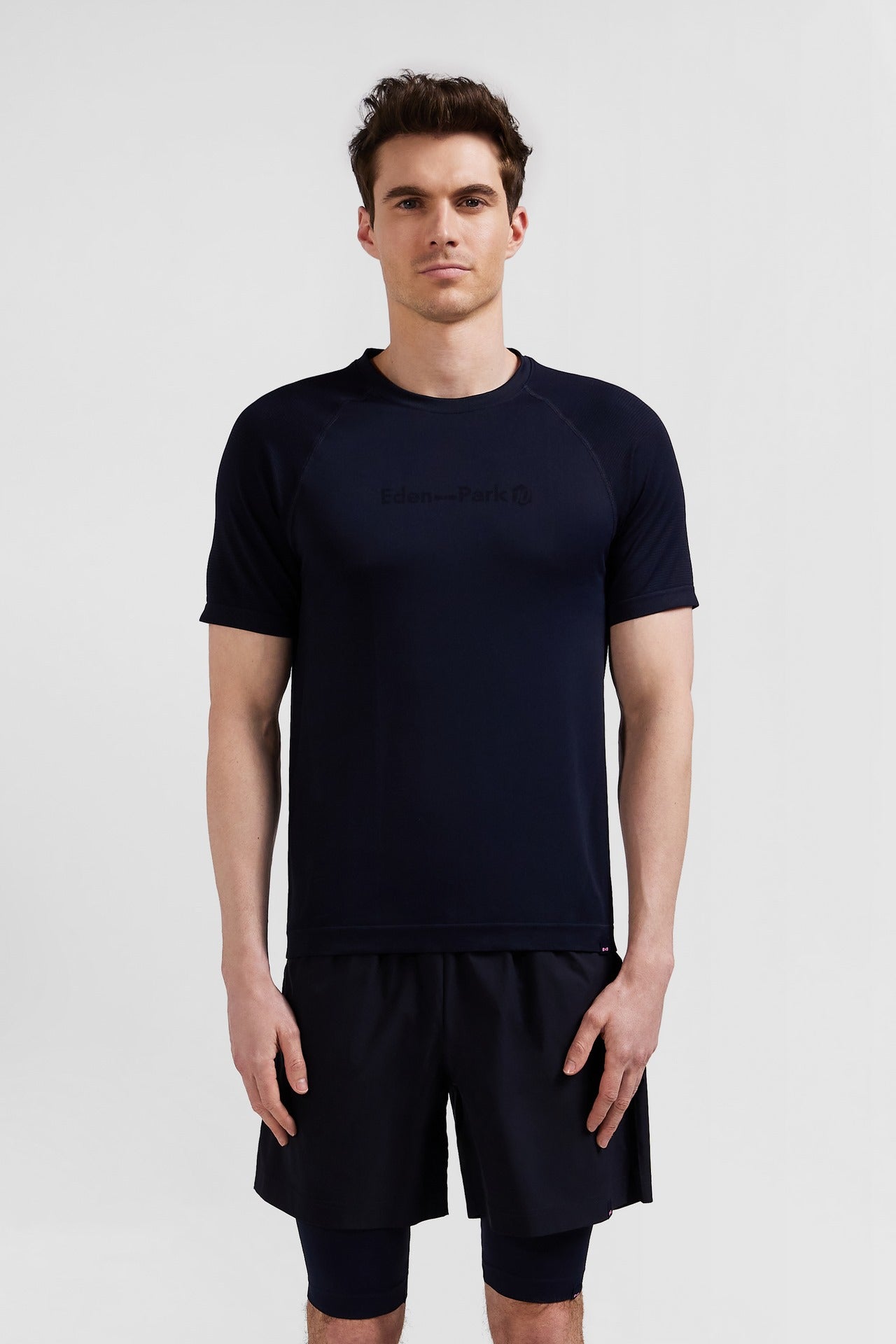 Navy blue short-sleeved sports T-shirt with striped details