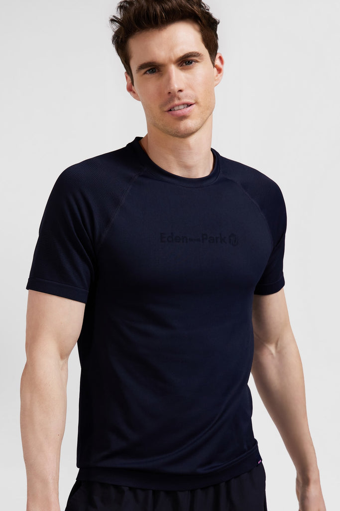 Navy blue short-sleeved sports T-shirt with striped details