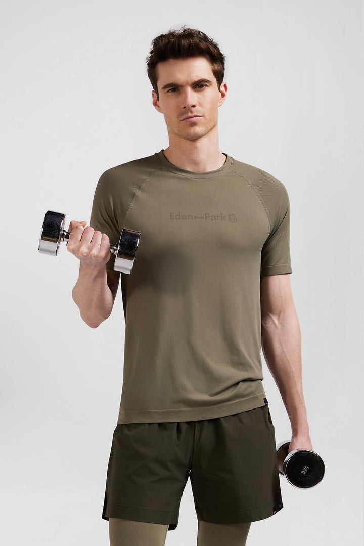 Khaki green short-sleeved sports T-shirt with striped details