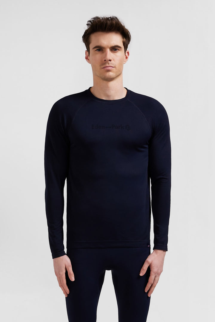 Navy blue long-sleeved sports T-shirt with striped details