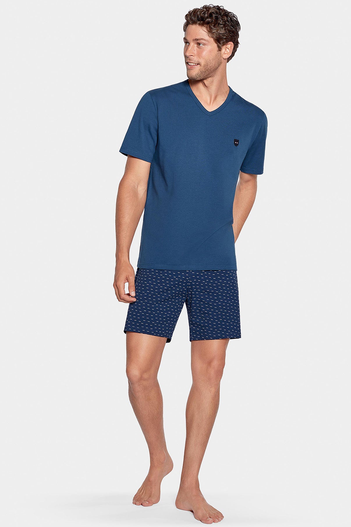 Pyjama court bleu à short micro motifs en jersey coton - Image 1