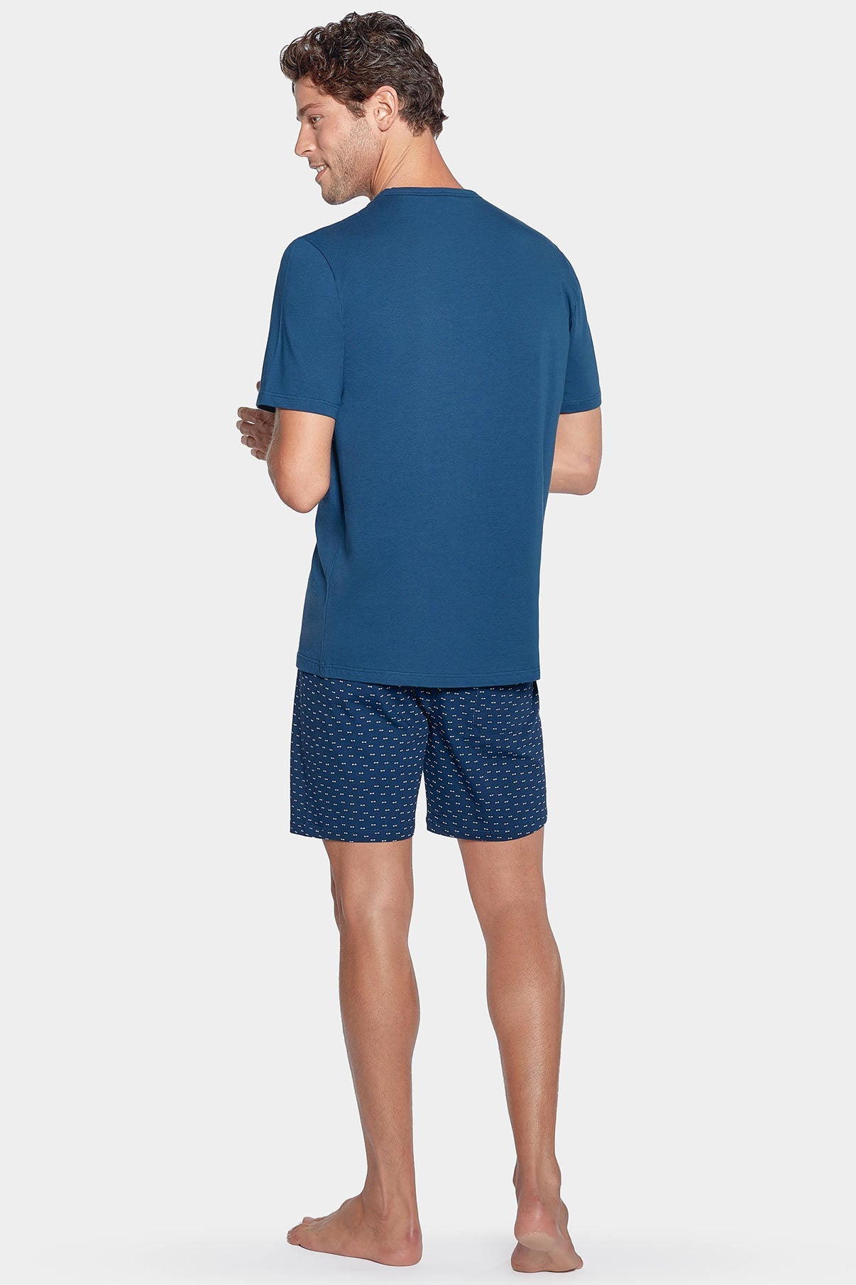 Pyjama court bleu à short micro motifs en jersey coton - Image 2