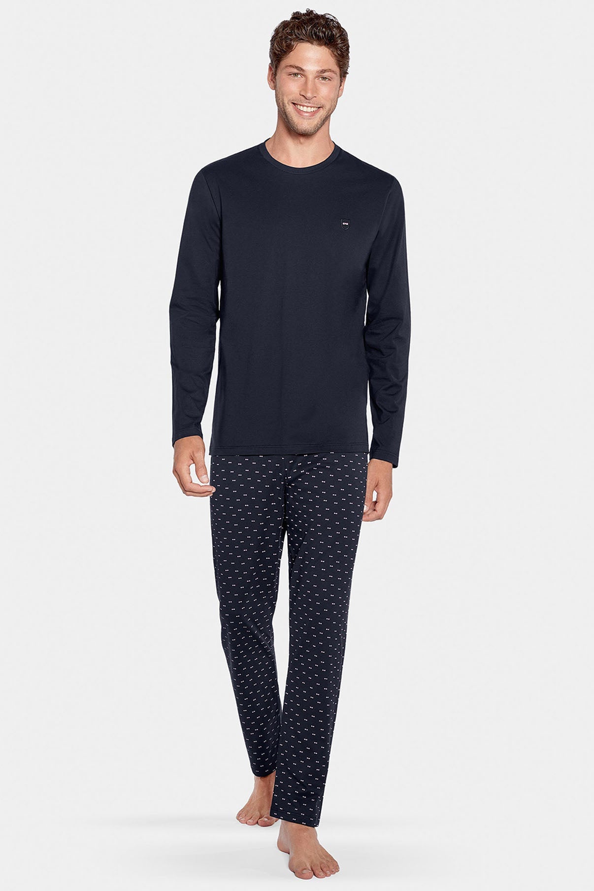 Pyjama long marine à micro motifs en jersey coton - Image 1