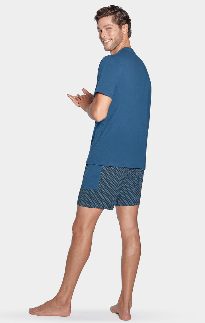 Pyjama court bleu short à micro motifs en jersey coton alt view