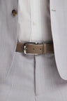 Beige smooth leather belt with white stitching