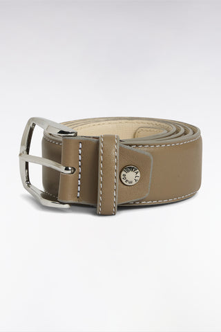 Beige smooth leather belt with white stitching