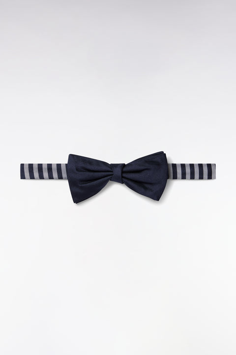 Navy silk bow tie with striped-necked neckline - Image 1