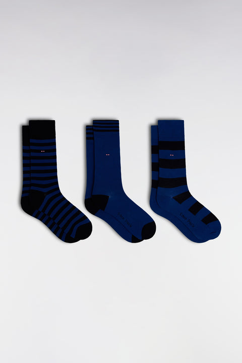 Pack of 3 pairs of navy and blue full-rimmed socks in stretch cotton blend - Image 1