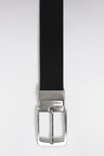 Black leather belt with two silver metal buckles