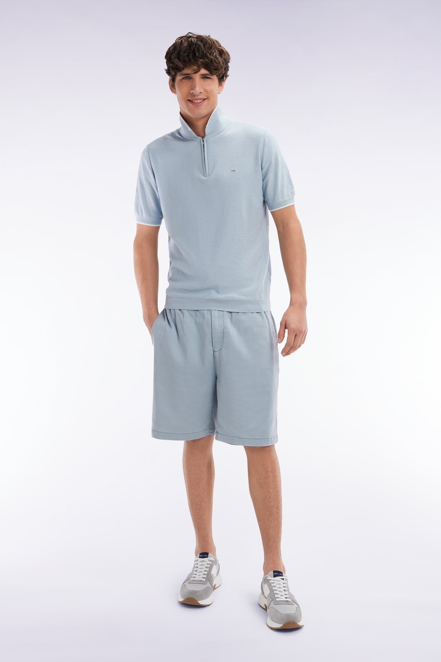 Elasticated waistband medium grey Bermuda shorts in lyocell and stretch cotton