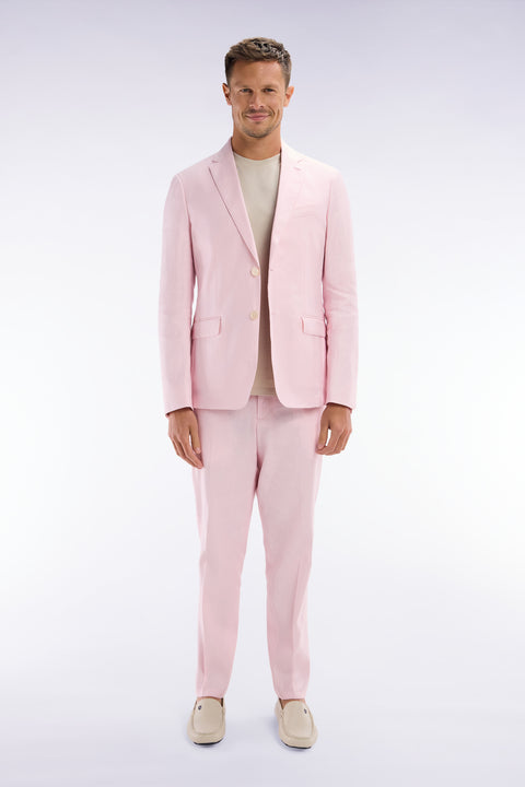 Pantalon à taille élastique en lin et coton stretch rose - Image 1