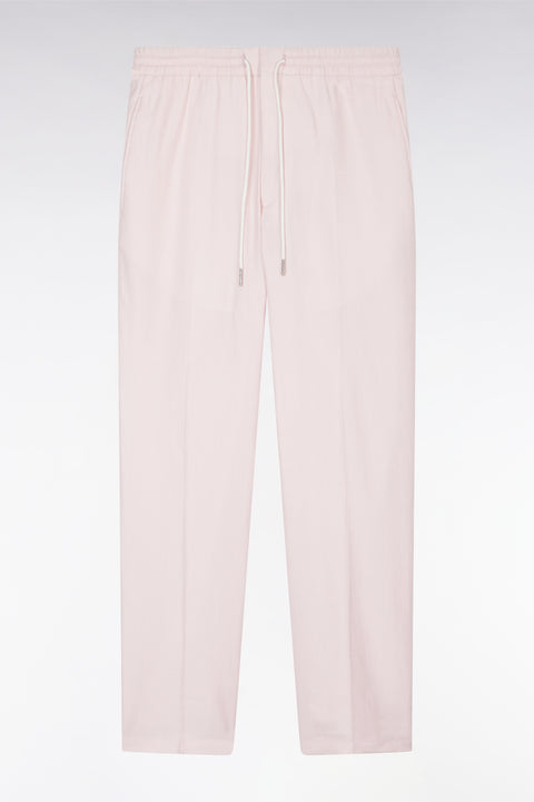 Pantalon à taille élastique en lin et coton stretch rose - Image 2
