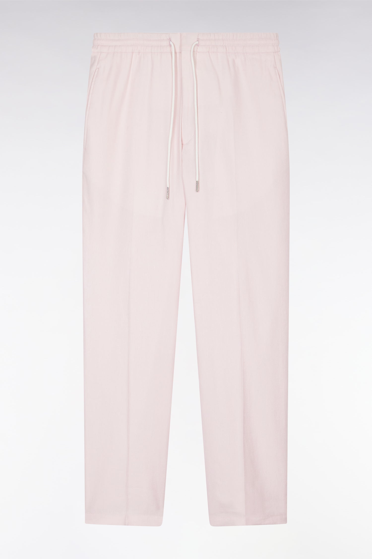 Pantalon à taille élastique en lin et coton stretch rose