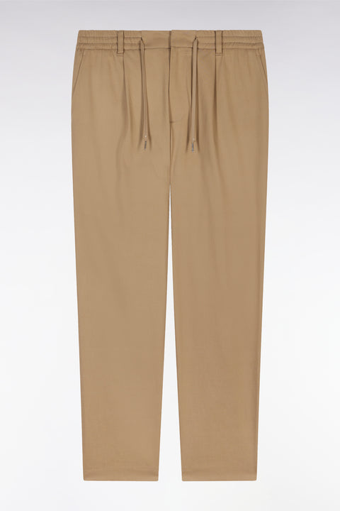 Pantalon à taille élastique en lyocell et coton stretch camel - Image 2