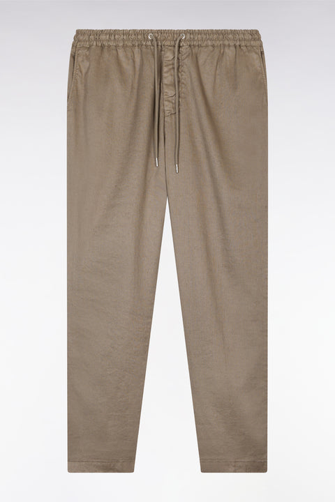 Pantalon fluide à taille élastique en lin et coton stretch marron - Image 2