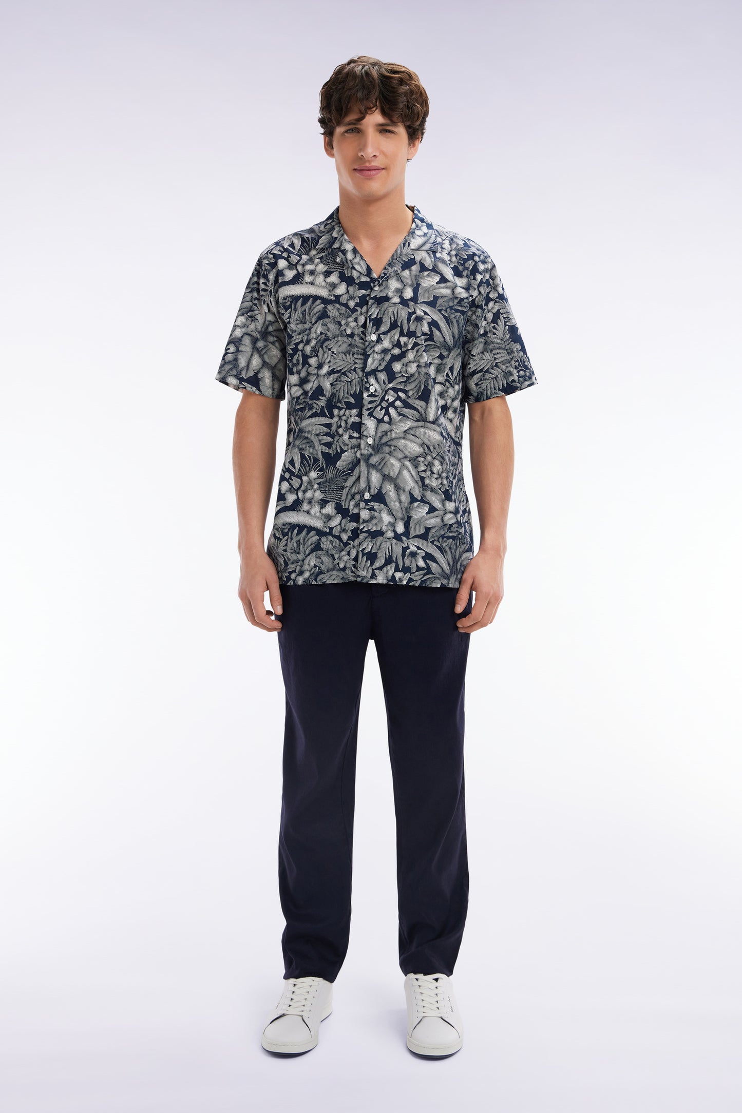 Flowing elastic trousers in navy stretch linen - cotton blend