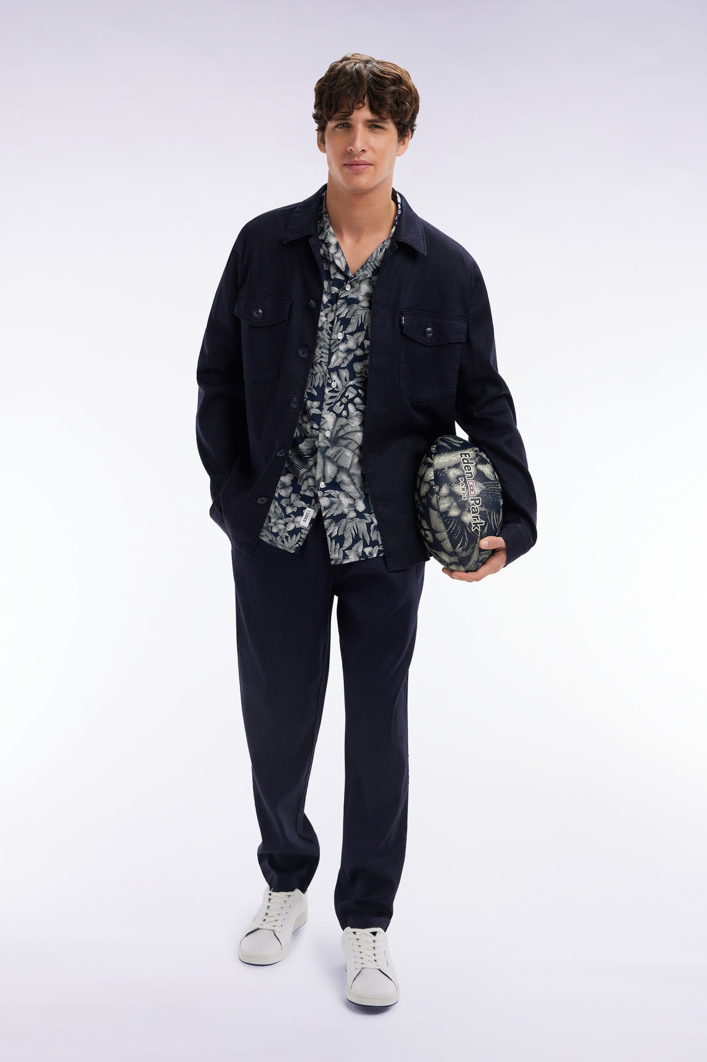 Flowing elastic trousers in navy stretch linen - cotton blend