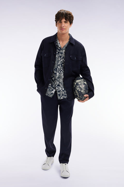 Flowing elastic trousers in navy stretch linen - cotton blend - Image 2