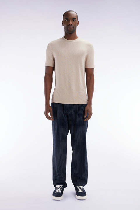 Navy stretch cotton seersucker trousers with tennis stripe - Image 1