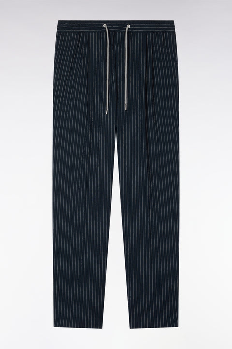 Navy stretch cotton seersucker trousers with tennis stripe - Image 2