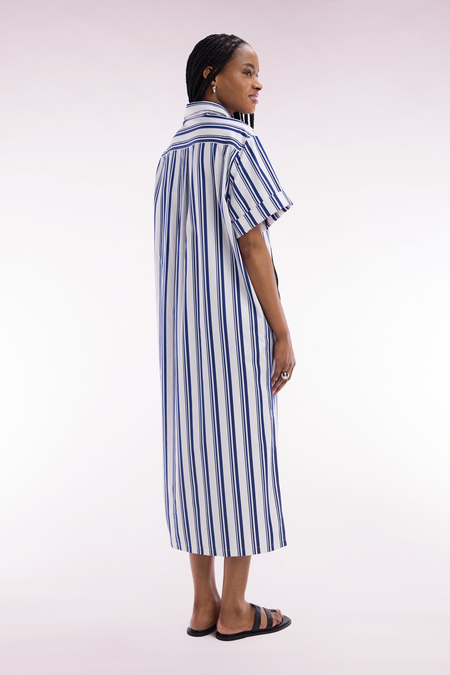 Relaxed fit striped shirt dress in navy and white cotton