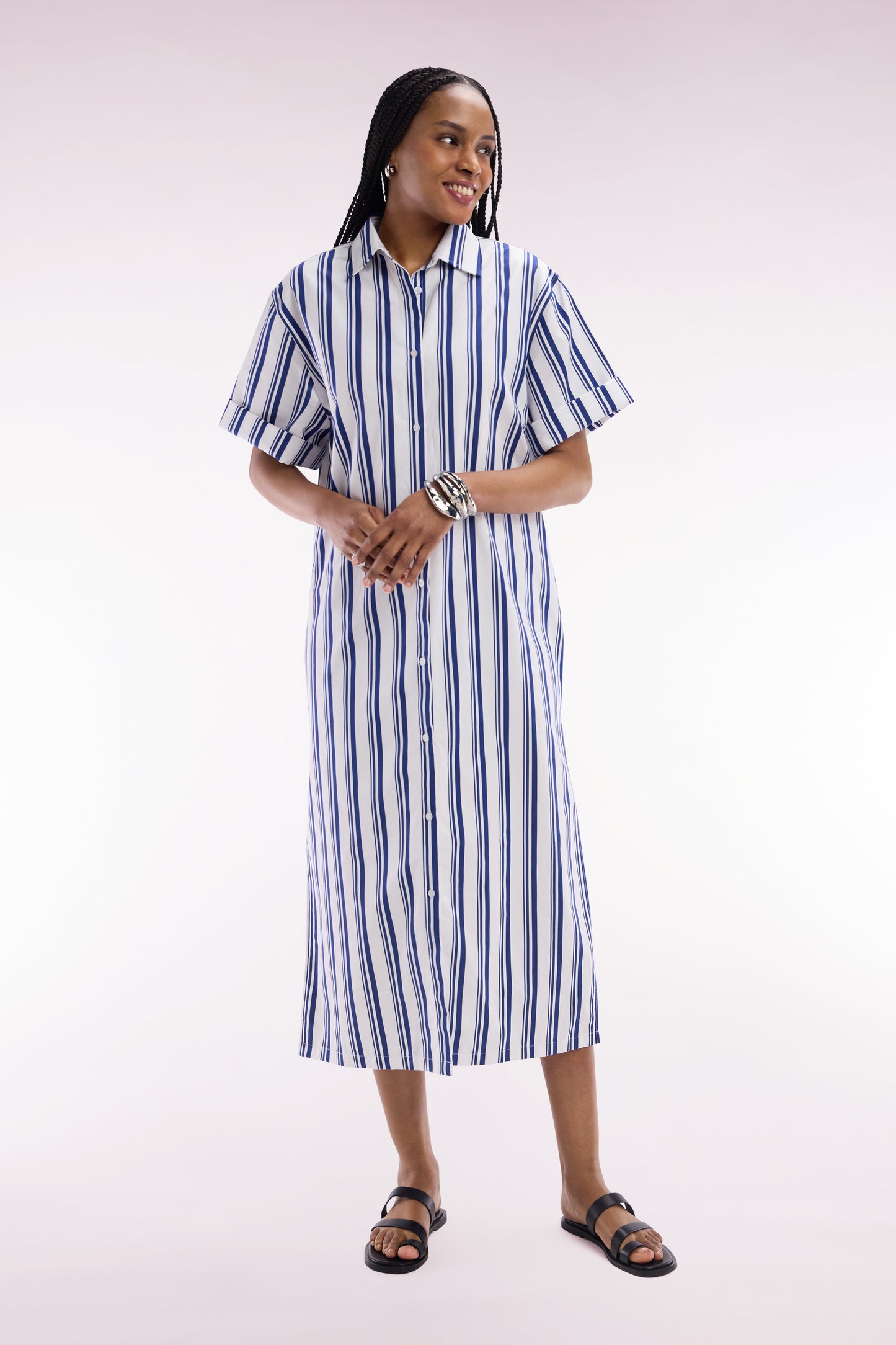 Relaxed fit striped shirt dress in navy and white cotton