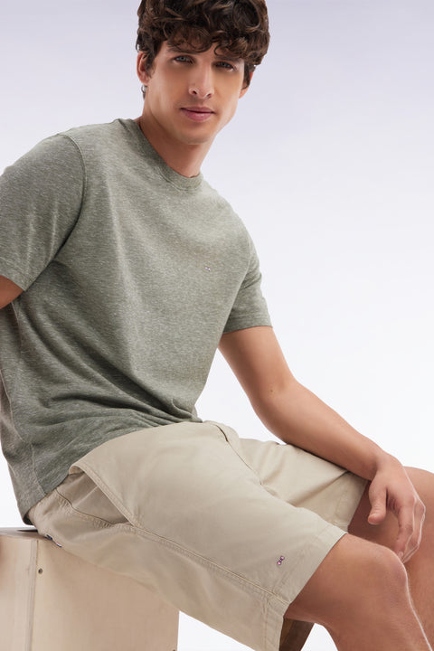 Short à taille élastique en coton stretch uni beige - Image 3