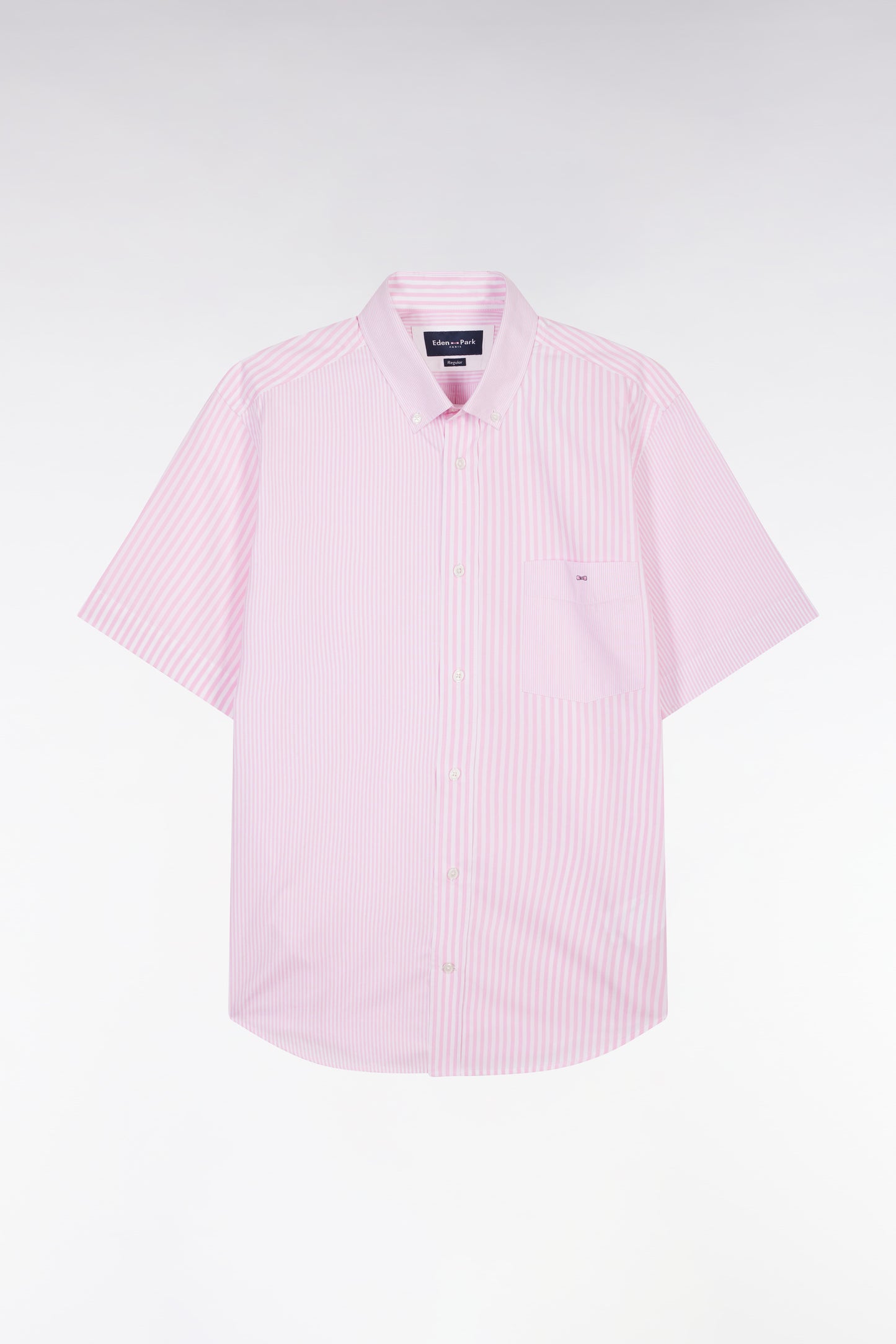 Chemise à manches courtes en popeline de coton rayée rose coupe droite