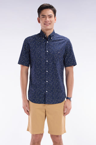 Straight short-sleeved dark grey shirt in cotton poplin with multicolored bow tie print