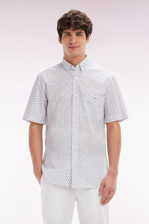 Chemise à manches courtes en popeline de coton écrue micromotif nœud papillon coupe droite - Image 1