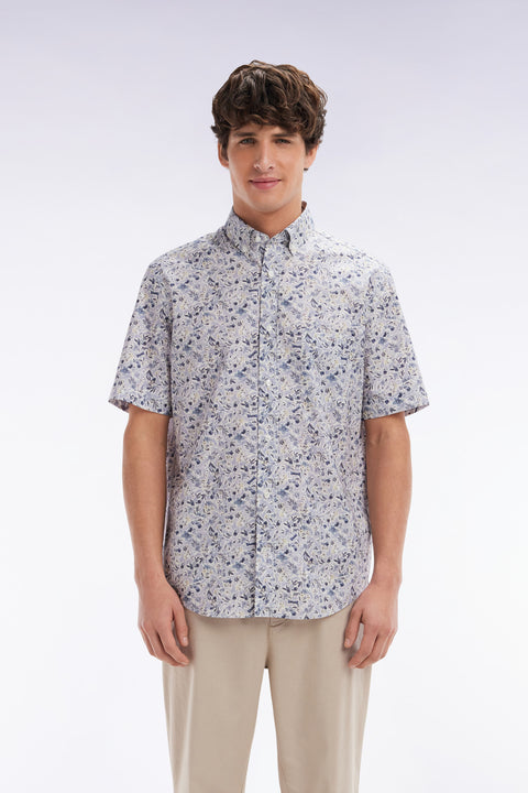 Chemise à manches courtes en popeline de coton Pima grise micromotif floral coupe droite - Image 1