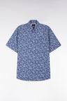 Straight short-sleeved shirt in Pima cotton poplin blue micro floral pattern