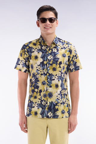 Straight short-sleeved navy shirt in cotton poplin yellow floral print