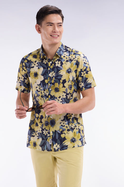 Chemise à manches courtes en popeline de coton marine motif floral jaune coupe droite - Image 2
