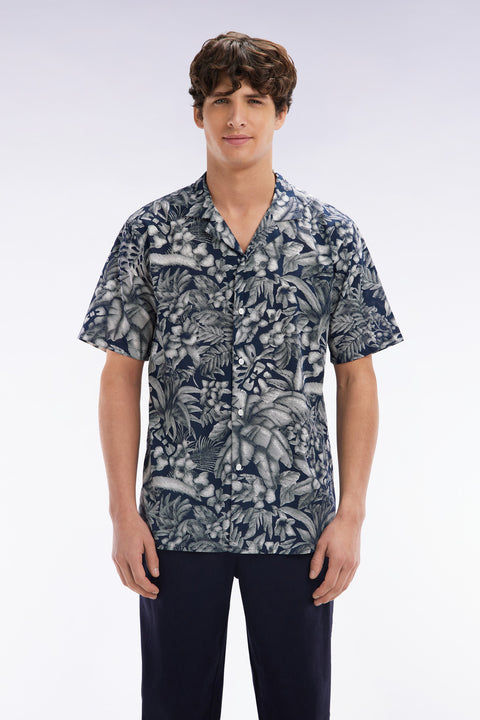 Slim fitted short-sleeved navy shirt in cotton with jungle print - Image 1