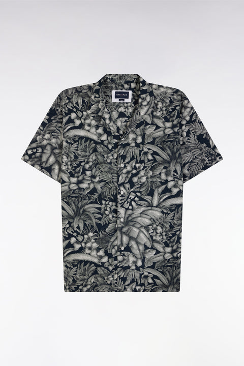 Slim fitted short-sleeved navy shirt in cotton with jungle print - Image 2