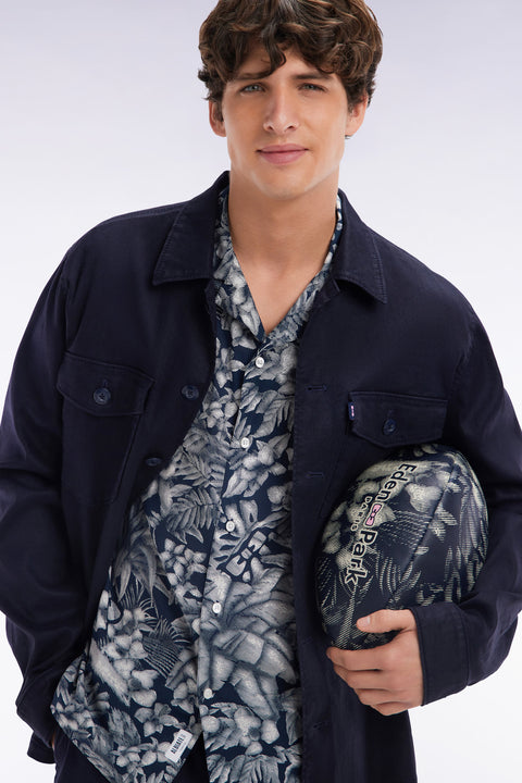 Slim fitted short-sleeved navy shirt in cotton with jungle print - Image 3